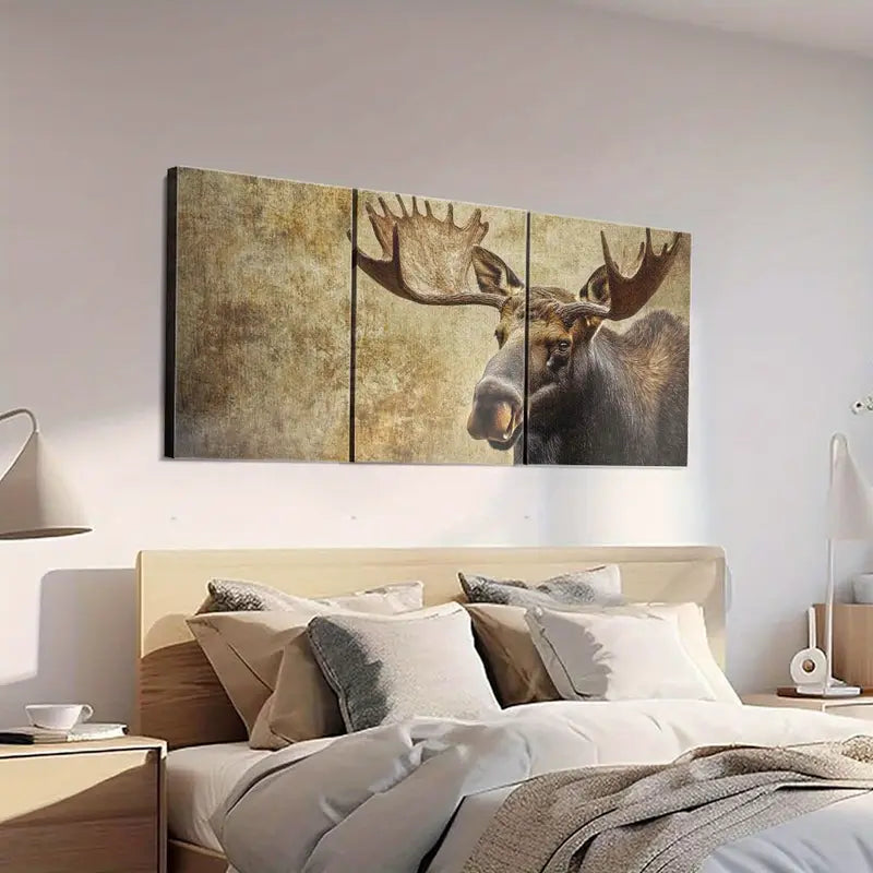 3pcs Close-Up of an Elegant Moose Face with Antlers Metal Print Ready to Hang Art