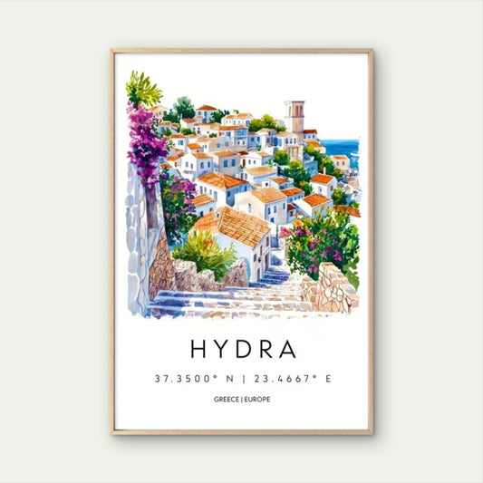 Hydra Greece Street View with Stone Houses  Travel Poster Print Wall Art