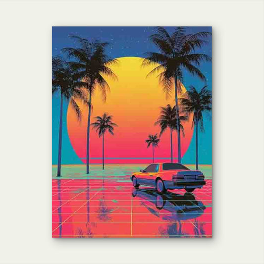 Retro Palm Trees & Classic Car 60x90cm Metal Print Ready to Hang