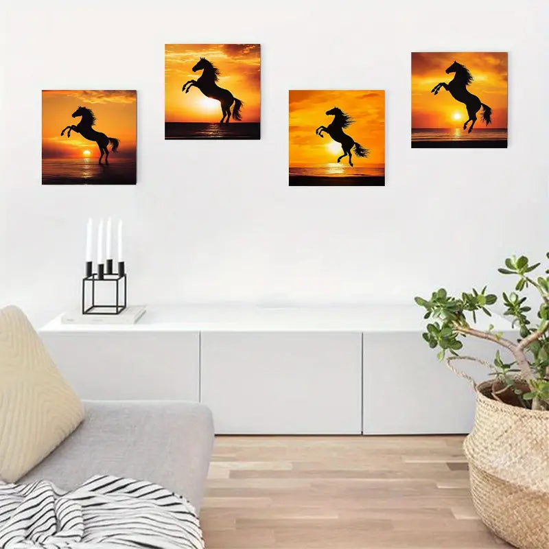 4pcs Galloping Horse At Sunset  Wall Art Canvas Framed