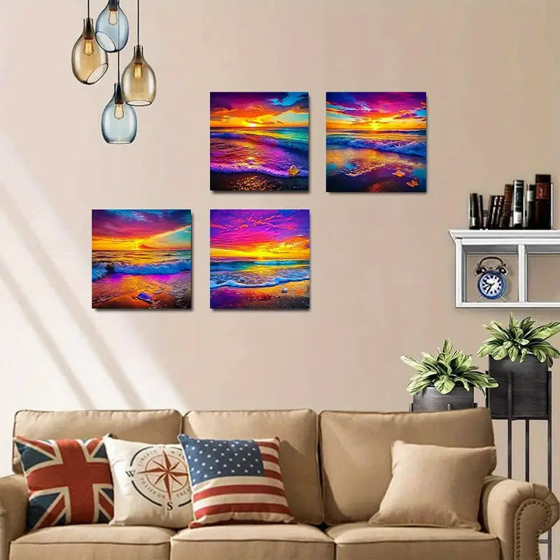 4pcs , Colorful Beach Scenery with Waves CC    Wall Art Canvas Framed