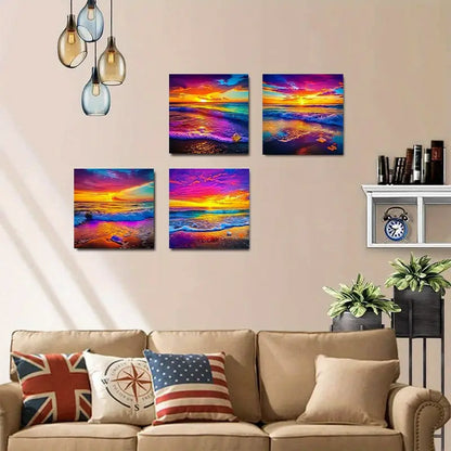 4pcs , Colorful Beach Scenery with Waves CC    Wall Art Canvas Framed