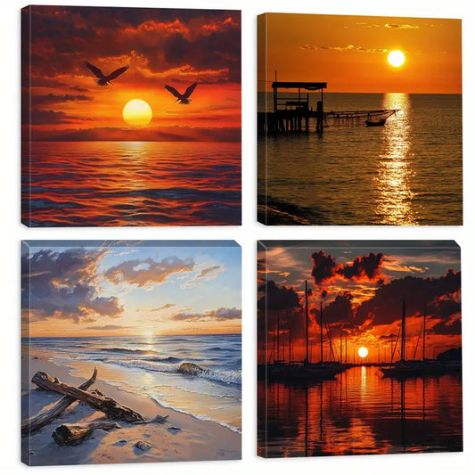 4pcs Sunset Deco Modern Farmhouse Style  Wall Art Canvas Framed
