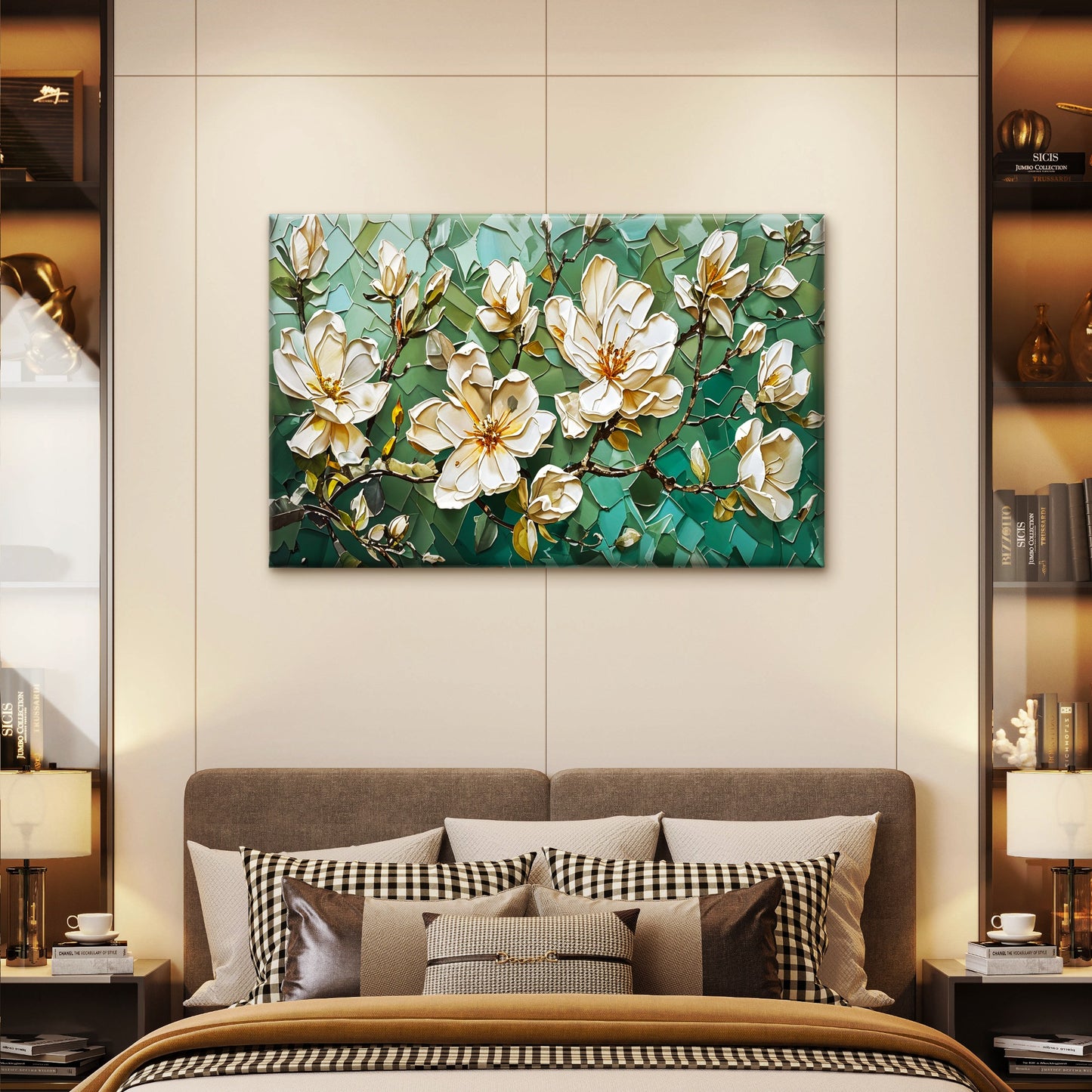 White Flower Branch Green Painting Wall Art Decor 100% Australian Made