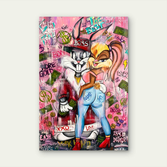 Cartoon Rabbits Couple Pink Graffiti 40x60cm Metal Print Ready to Hang