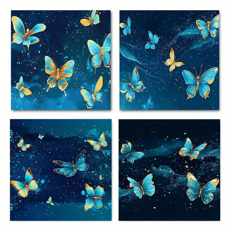 4pcs    Blue & Golden Butterflies in Starry hg    Wall Art Canvas Framed