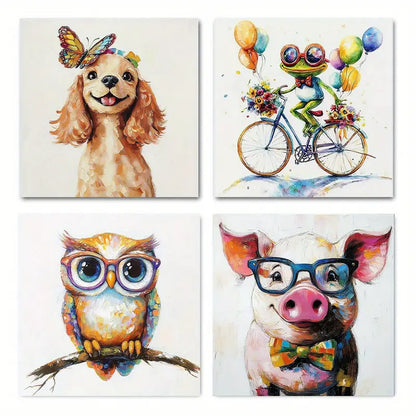 4pcs  Funny Colorful Happy Owl Frog Dog Wall Art Canvas Framed