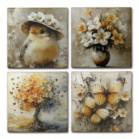 4pcs Bird With Flower Hat Wall Art Canvas Framed