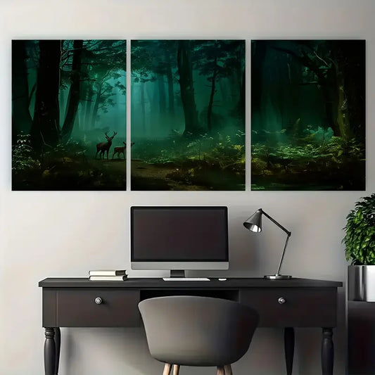 3pcs Dark Green Deer and Wolf Scene Metal Print Ready to Hang Art