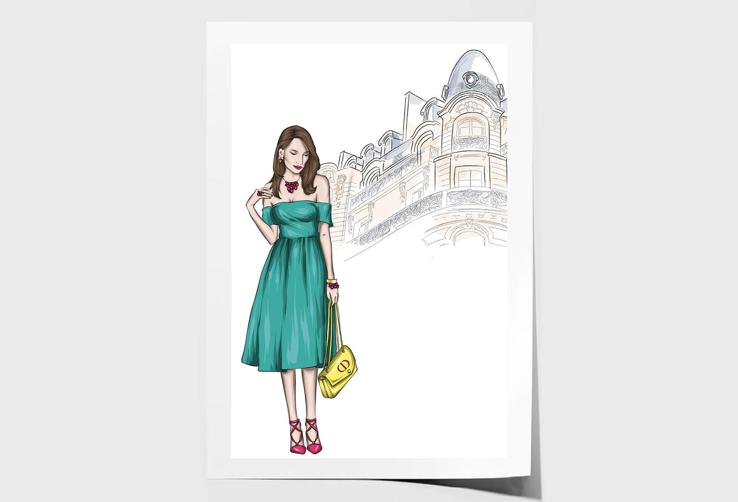 Green Girl Elegant Fashion Store Wall Art Limited Edition High Quality Print Unframed Roll Canvas None