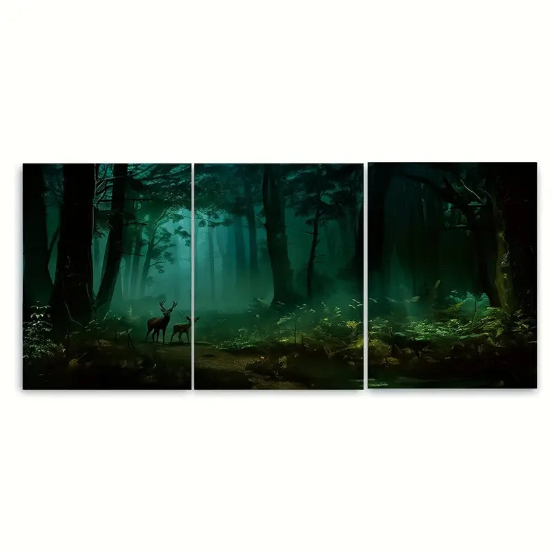 3pcs Dark Green Deer and Wolf Scene Metal Print Ready to Hang Art
