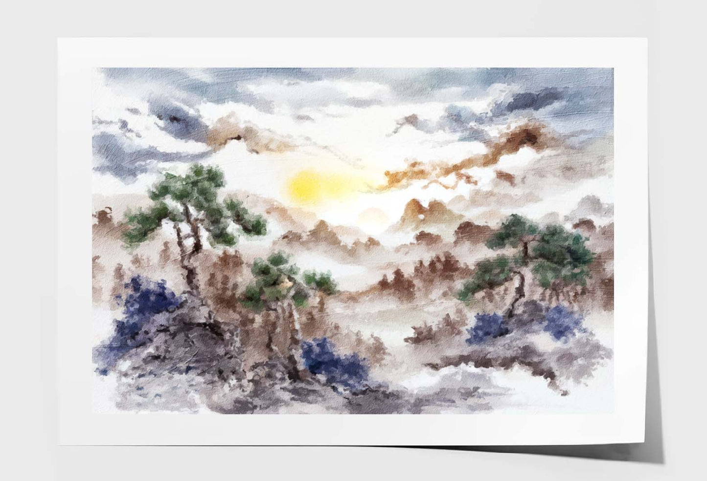 Painting Of Pine Trees, Distant Mountains, Clouds and Sunrise Wall Art Limited Edition High Quality Print