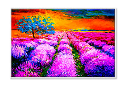 Sunset Over Lavender Field Oil Painting Wall Art Limited Edition High Quality Print Canvas Box Framed White