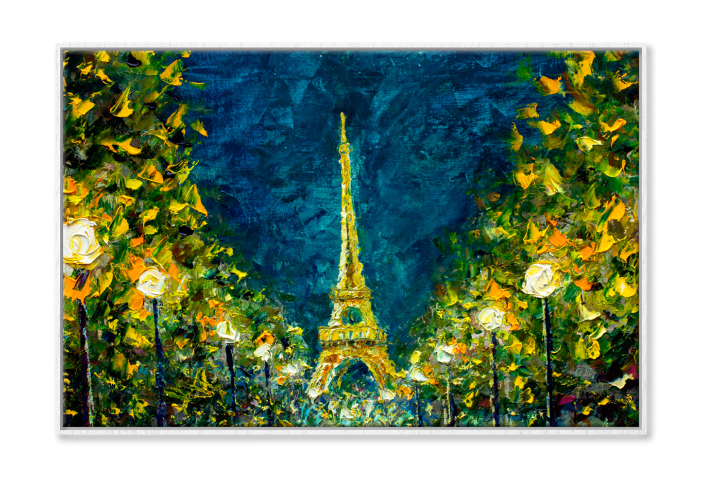 Paris, France, Night Eiffel Tower Oil Painting Wall Art Limited Edition High Quality Print Canvas Box Framed White