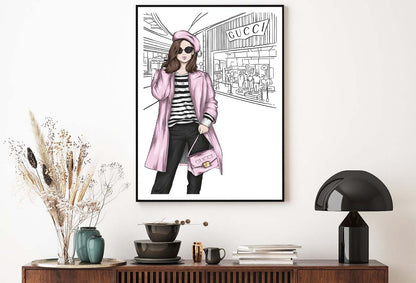 Pink Stylish Lady with Elegant Handbag Design Home Decor Premium Quality Poster Print Choose Your Sizes