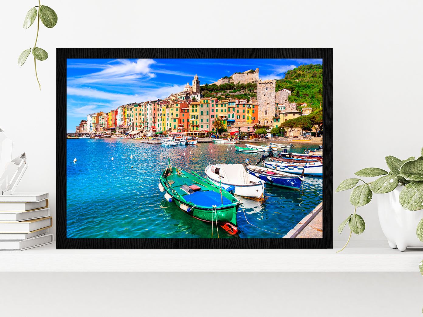 Villages Of Cinque Terre Glass Framed Wall Art, Ready to Hang Quality Print Without White Border Black