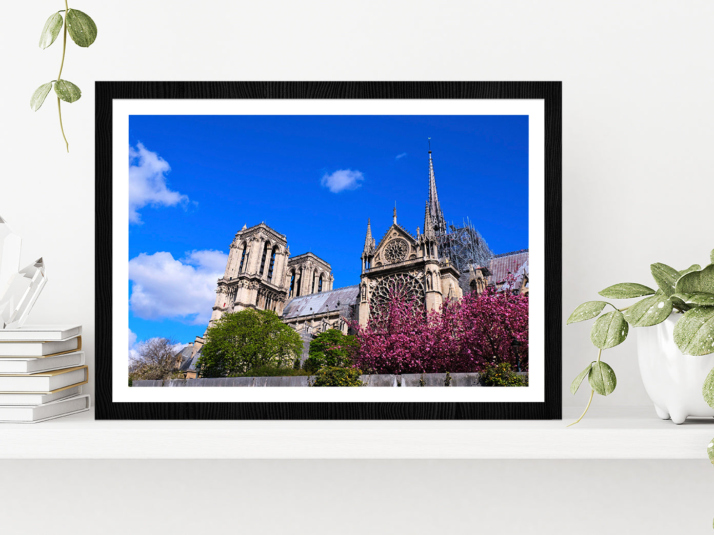 Cathedrale Notre-Dame In Paris Glass Framed Wall Art, Ready to Hang Quality Print With White Border Black