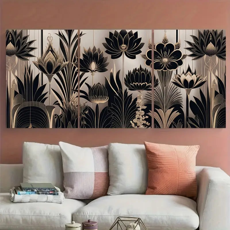 3pcs Silver & Golden Floral Design Metal Print Ready to Hang Art