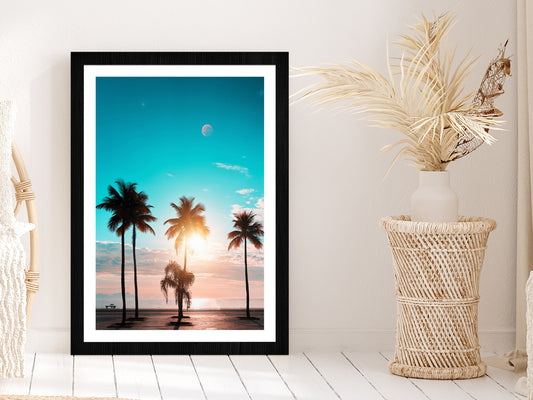 Blue Sky & Sunset Through Palm Trees Photograph Glass Framed Wall Art, Ready to Hang Quality Print With White Border Black