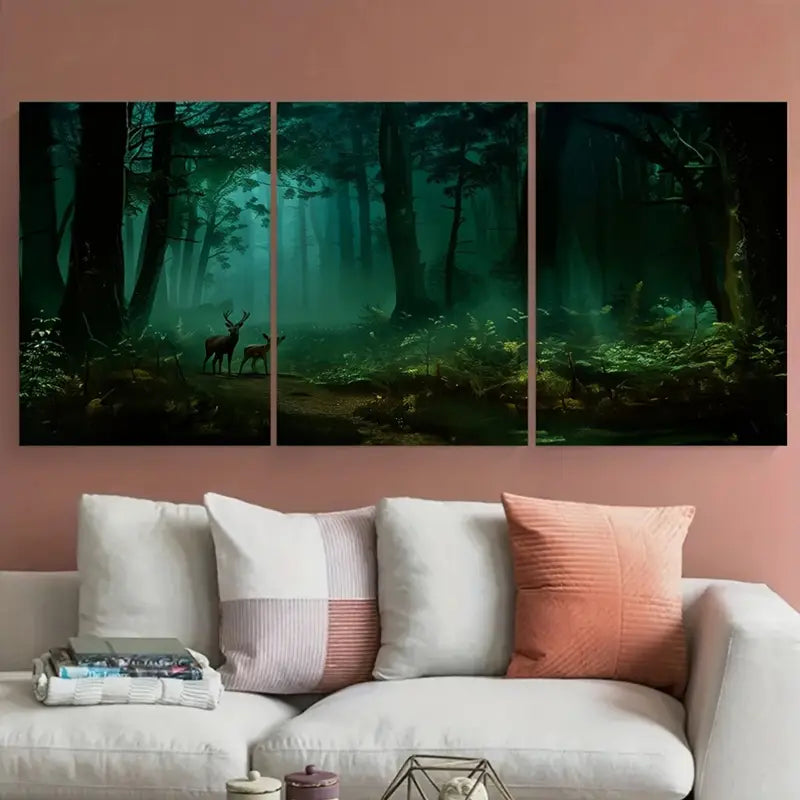 3pcs Dark Green Deer and Wolf Scene Metal Print Ready to Hang Art