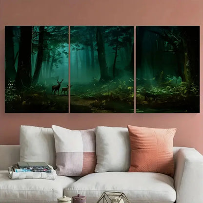 3pcs Dark Green Deer and Wolf Scene Metal Print Ready to Hang Art