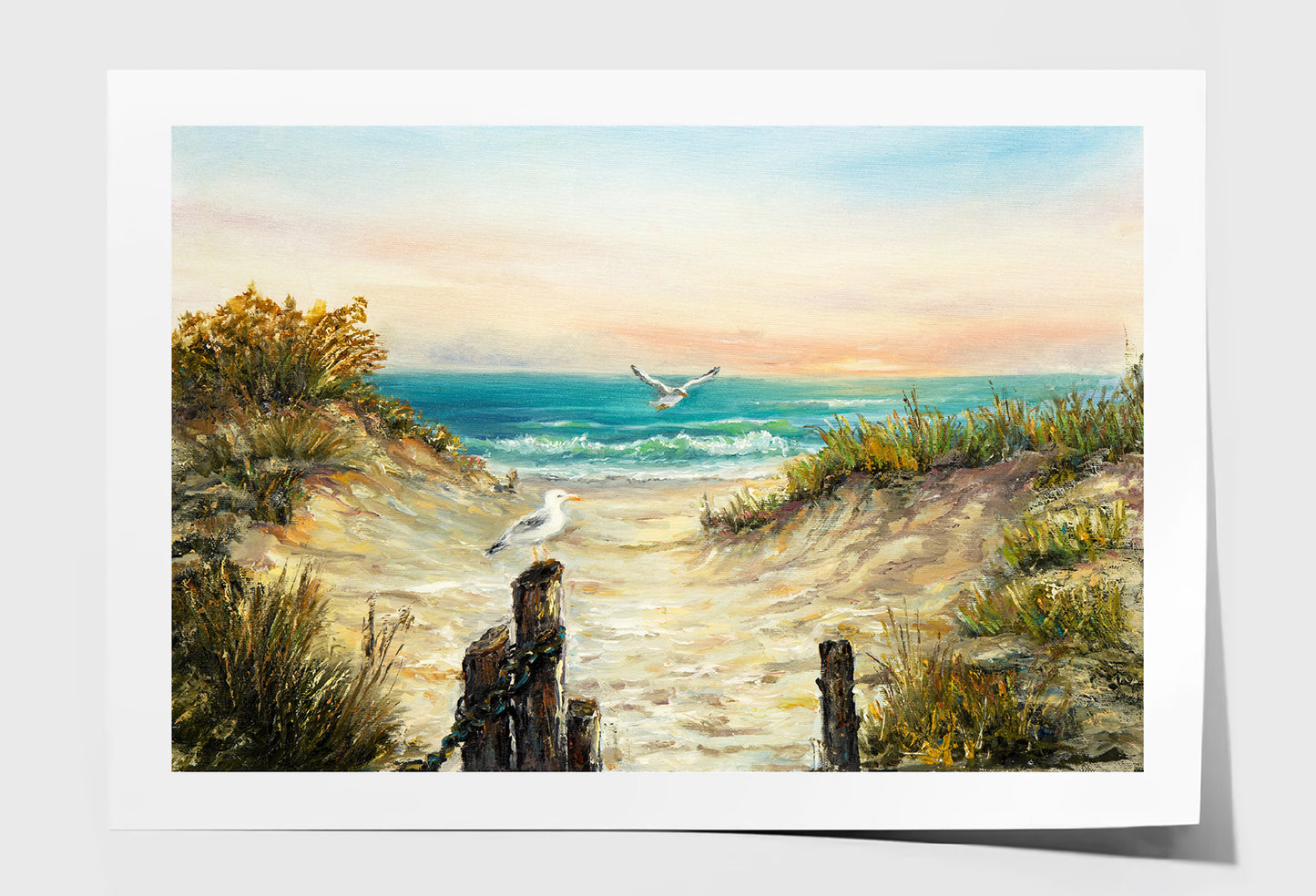 Ocean Beach Dunes With Seagulls Oil Painting Wall Art Limited Edition High Quality Print Unframed Roll Canvas None