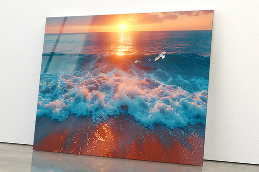 Bird Flying Over the Ocean with Sunset Acrylic Glass Print Tempered Glass Wall Art 100% Made in Australia Ready to Hang