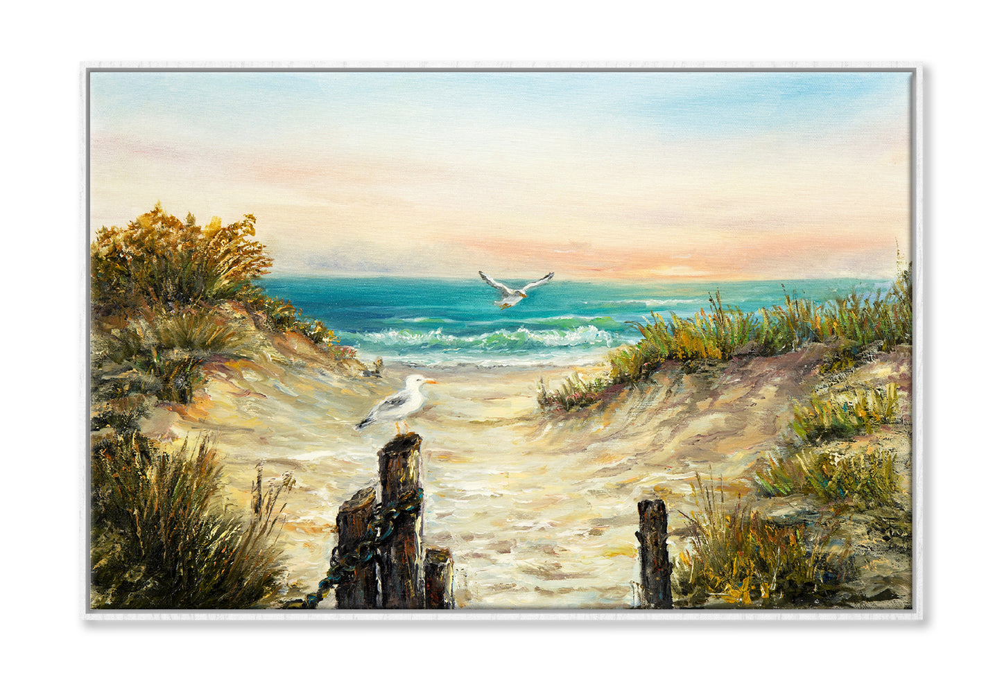 Ocean Beach Dunes With Seagulls Oil Painting Wall Art Limited Edition High Quality Print Canvas Box Framed White