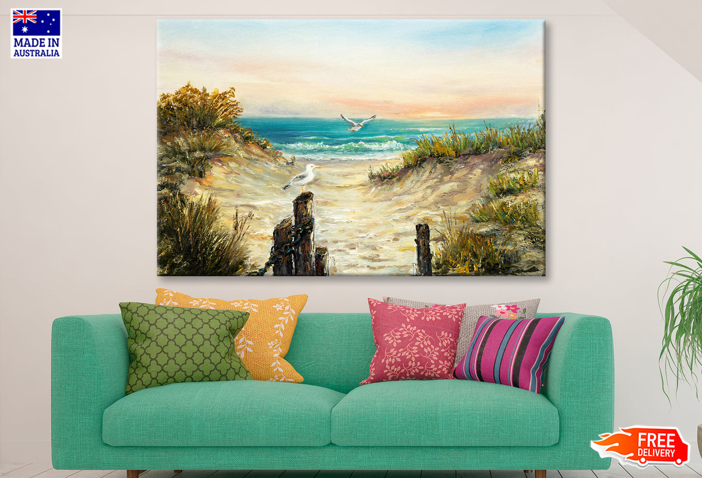 Ocean Beach Dunes With Seagulls Oil Painting Wall Art Limited Edition High Quality Print