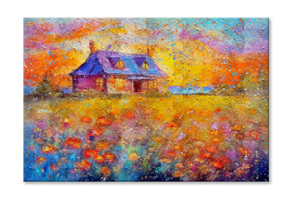 Painting Of Old Rural House On Field Flowers, Beautiful Wildflowers On Beautiful Sunset Wall Art Limited Edition High Quality Print