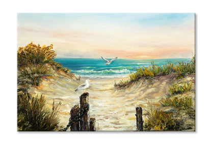 Ocean Beach Dunes With Seagulls Oil Painting Wall Art Limited Edition High Quality Print Stretched Canvas None