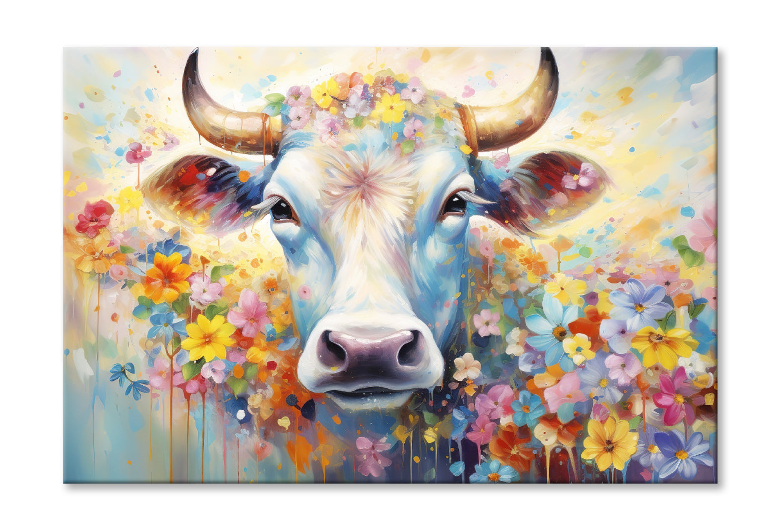 Cow Face in Colorful Blossom Flowers Oil Painting Wall Art Limited Edition High Quality Print Stretched Canvas None