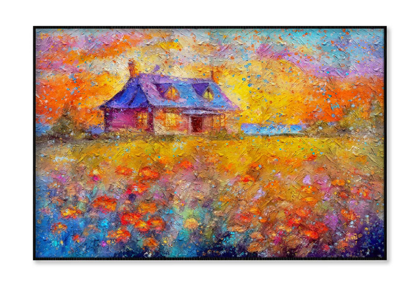 Painting Of Old Rural House On Field Flowers, Beautiful Wildflowers On Beautiful Sunset Wall Art Limited Edition High Quality Print