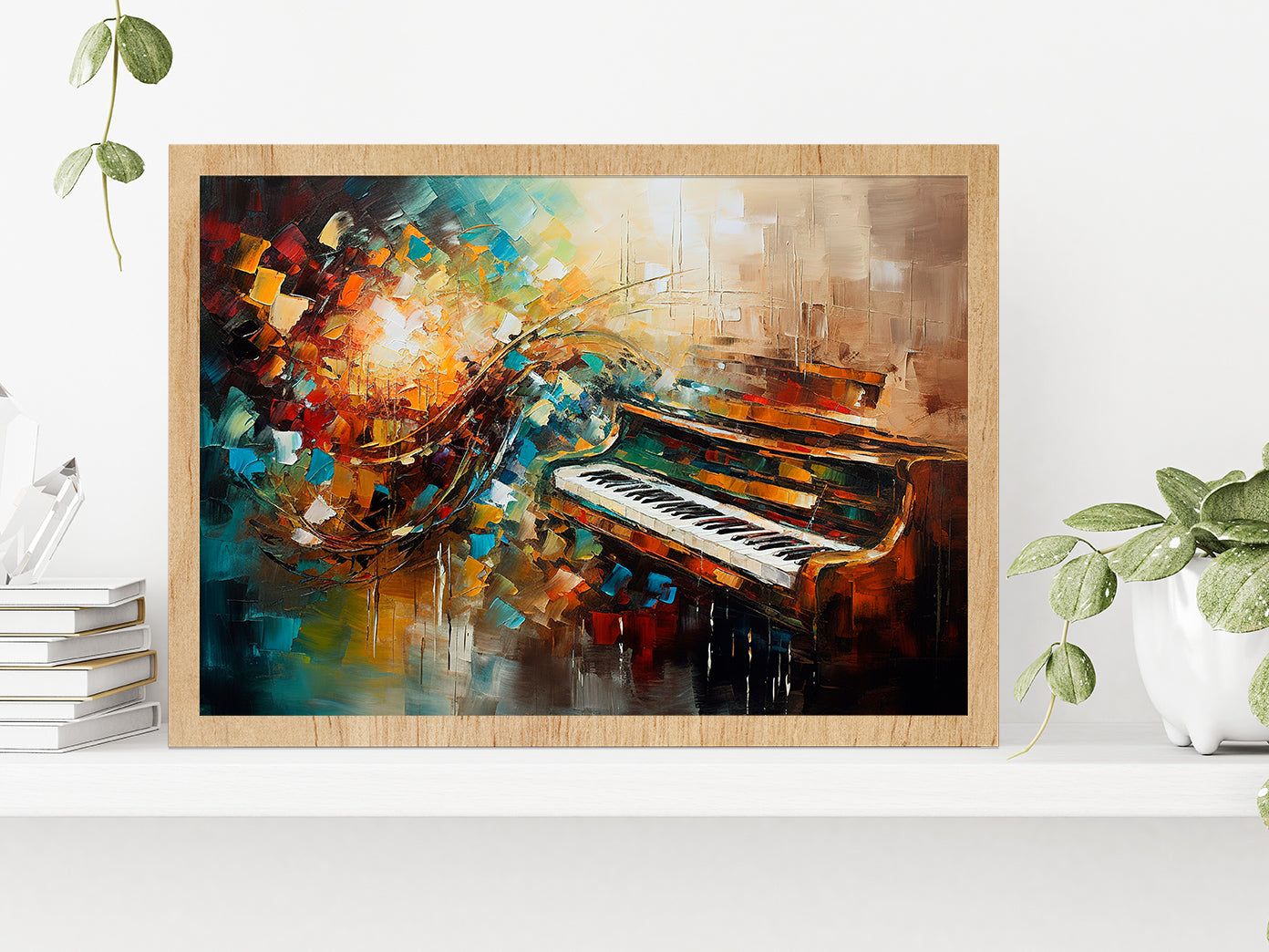 Piano Abstract Musical Glass Framed Wall Art, Ready to Hang Quality Print Without White Border Oak