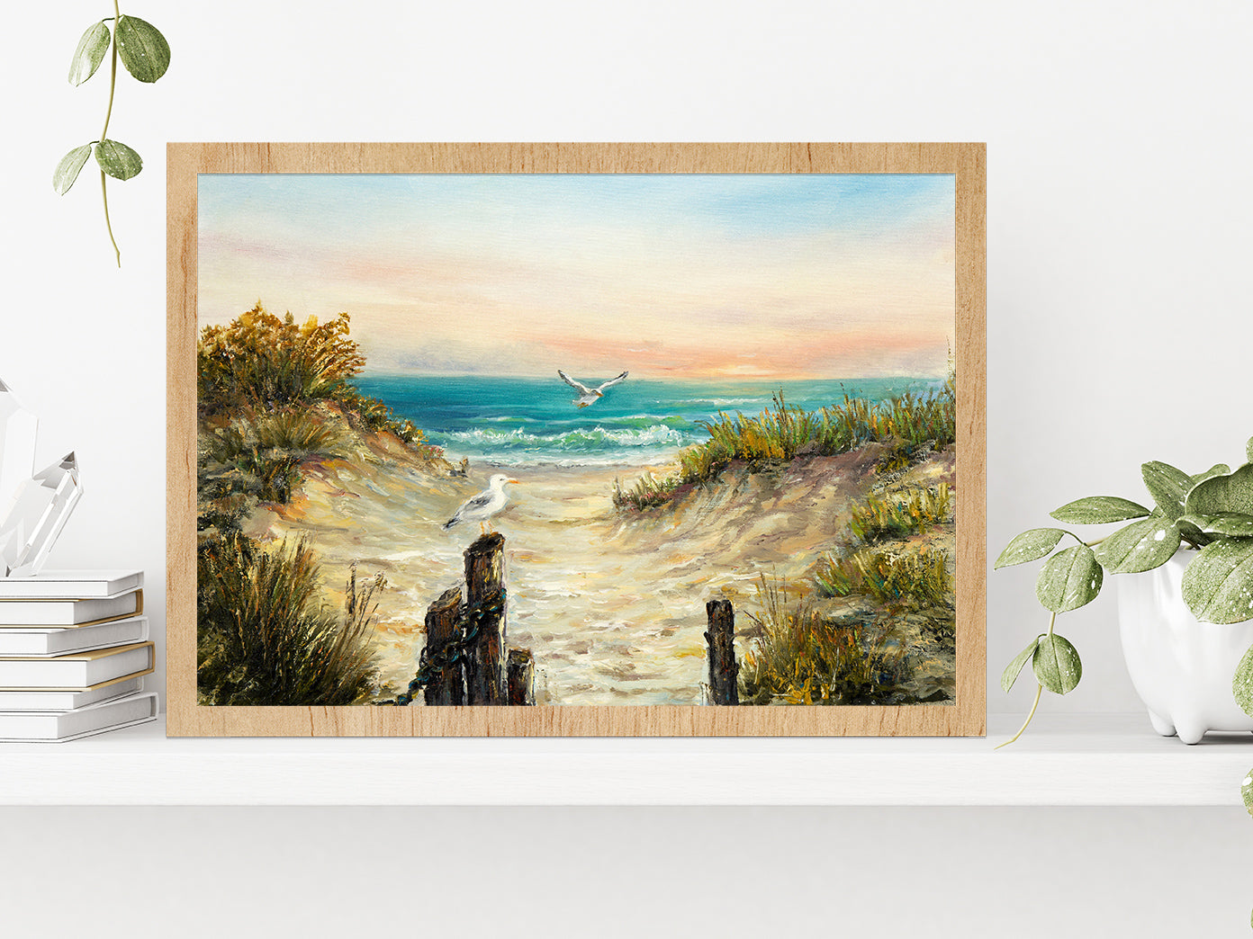 Ocean Beach Dunes With Seagulls Glass Framed Wall Art, Ready to Hang Quality Print Without White Border Oak