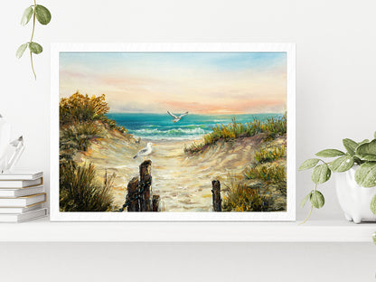 Ocean Beach Dunes With Seagulls Glass Framed Wall Art, Ready to Hang Quality Print Without White Border White