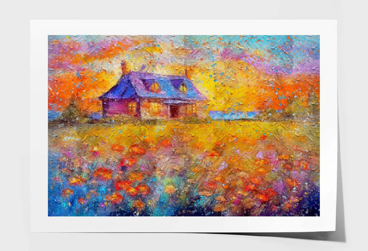 Painting Of Old Rural House On Field Flowers, Beautiful Wildflowers On Beautiful Sunset Wall Art Limited Edition High Quality Print