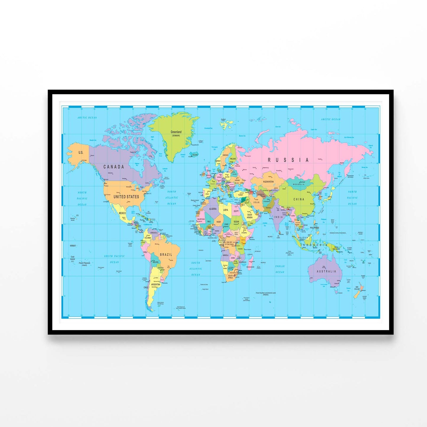 Borders, Countries and Cities World Map Home Decor Premium Quality Poster Print Choose Your Sizes