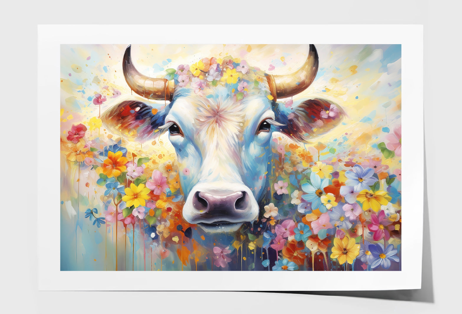 Cow Face in Colorful Blossom Flowers Oil Painting Wall Art Limited Edition High Quality Print Unframed Roll Canvas None