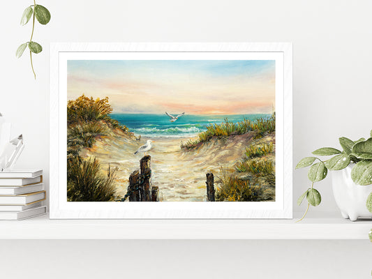 Ocean Beach Dunes With Seagulls Glass Framed Wall Art, Ready to Hang Quality Print With White Border White