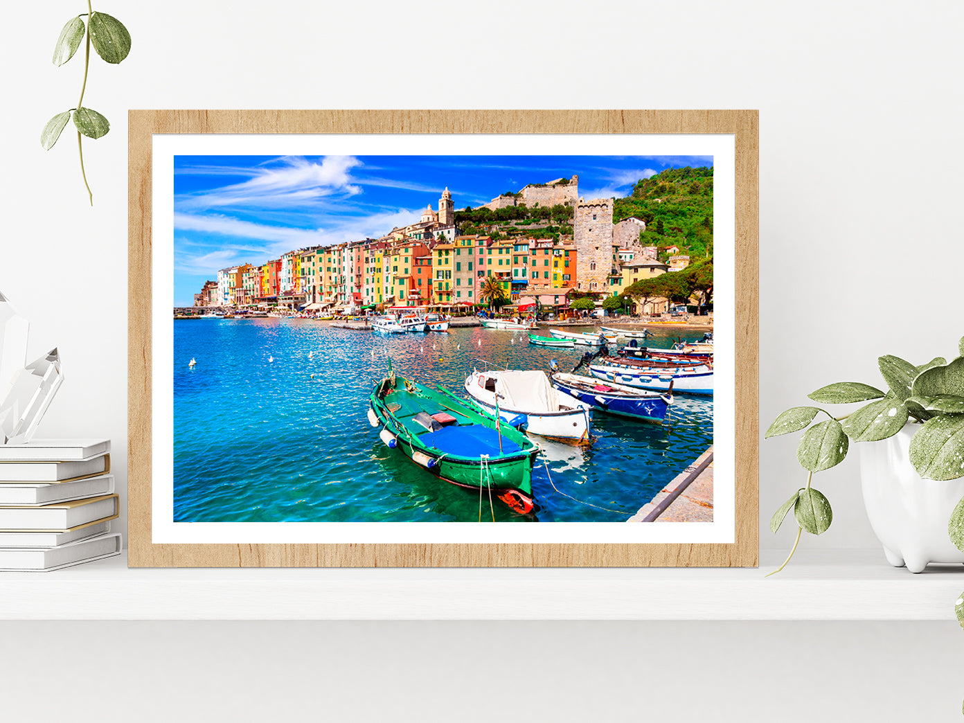 Villages Of Cinque Terre Glass Framed Wall Art, Ready to Hang Quality Print With White Border Oak