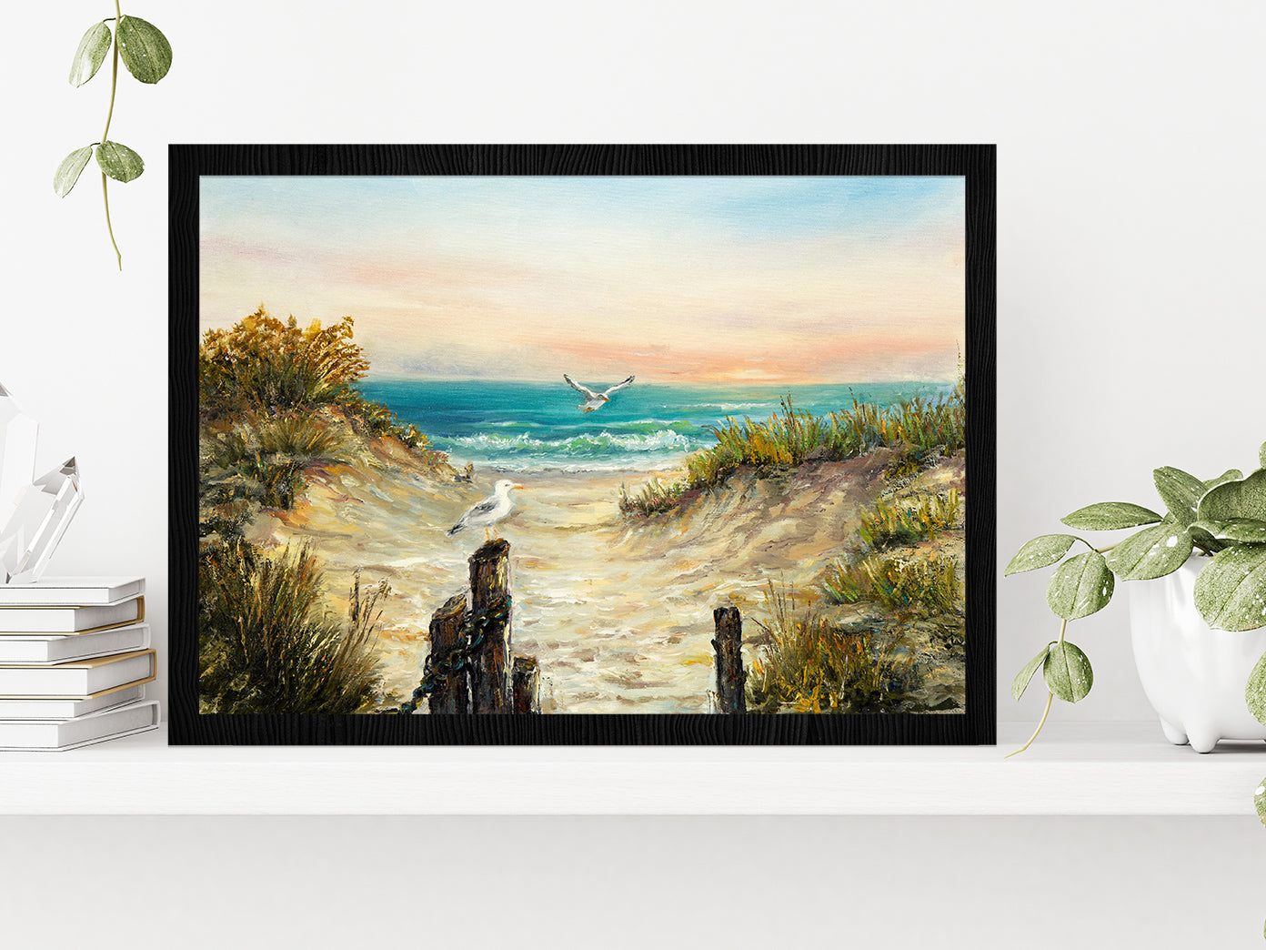 Ocean Beach Dunes With Seagulls Glass Framed Wall Art, Ready to Hang Quality Print Without White Border Black