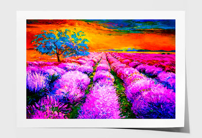 Sunset Over Lavender Field Oil Painting Wall Art Limited Edition High Quality Print Unframed Roll Canvas None