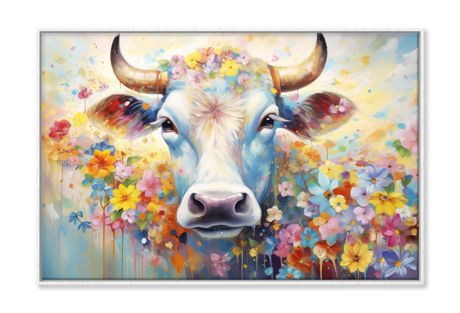 Cow Face in Colorful Blossom Flowers Oil Painting Wall Art Limited Edition High Quality Print Canvas Box Framed White