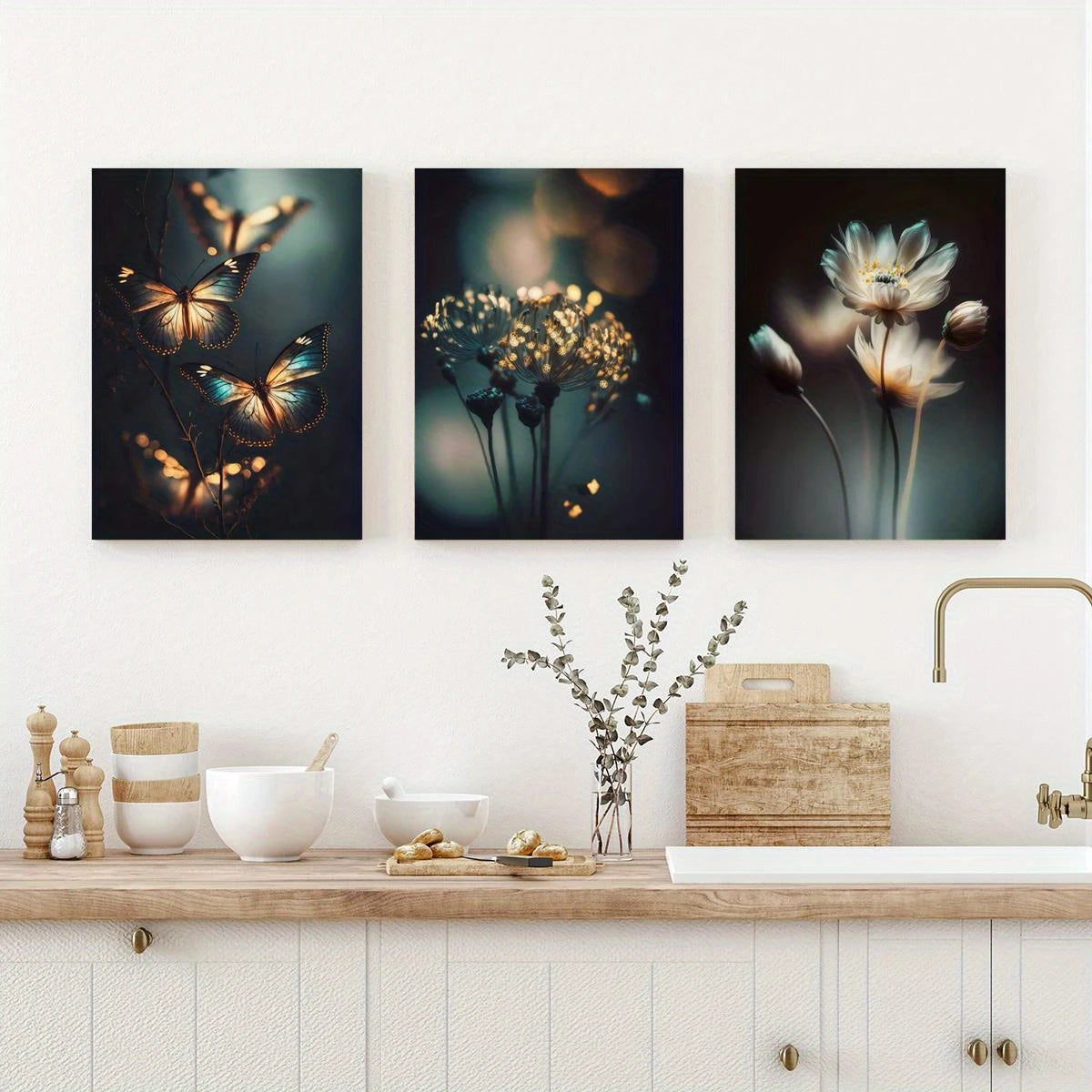 3pcs Abstract Flowers & Glowing Butterflies Metal Print Ready to Hang Art