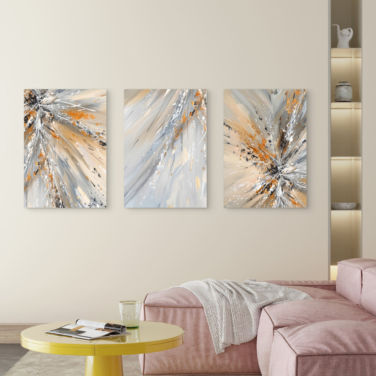 3pcs Grey Gold Abstract Splash Burst Modern Metal Print Ready to Hang Art