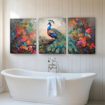 3pcs Colorful Peacock and Floral Vibrant Plumage Metal Print Ready to Hang Art