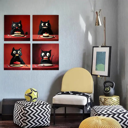 4pcs  Black Cat with Cake for Living BC    Wall Art Canvas Framed