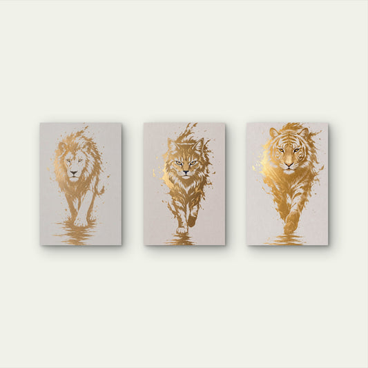 3pcs Gold Foil Lion Cat Tiger Animal Splatter Wall Art Set Canvas Framed 50x70cm - High Quality Print 100% Australian Made Wall Canvas Ready to Hang