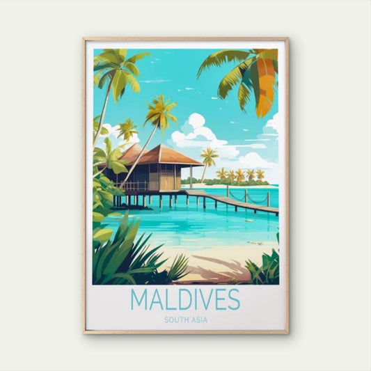 Maldives South Asia, Above Water Houses Travel Poster Print Wall Art